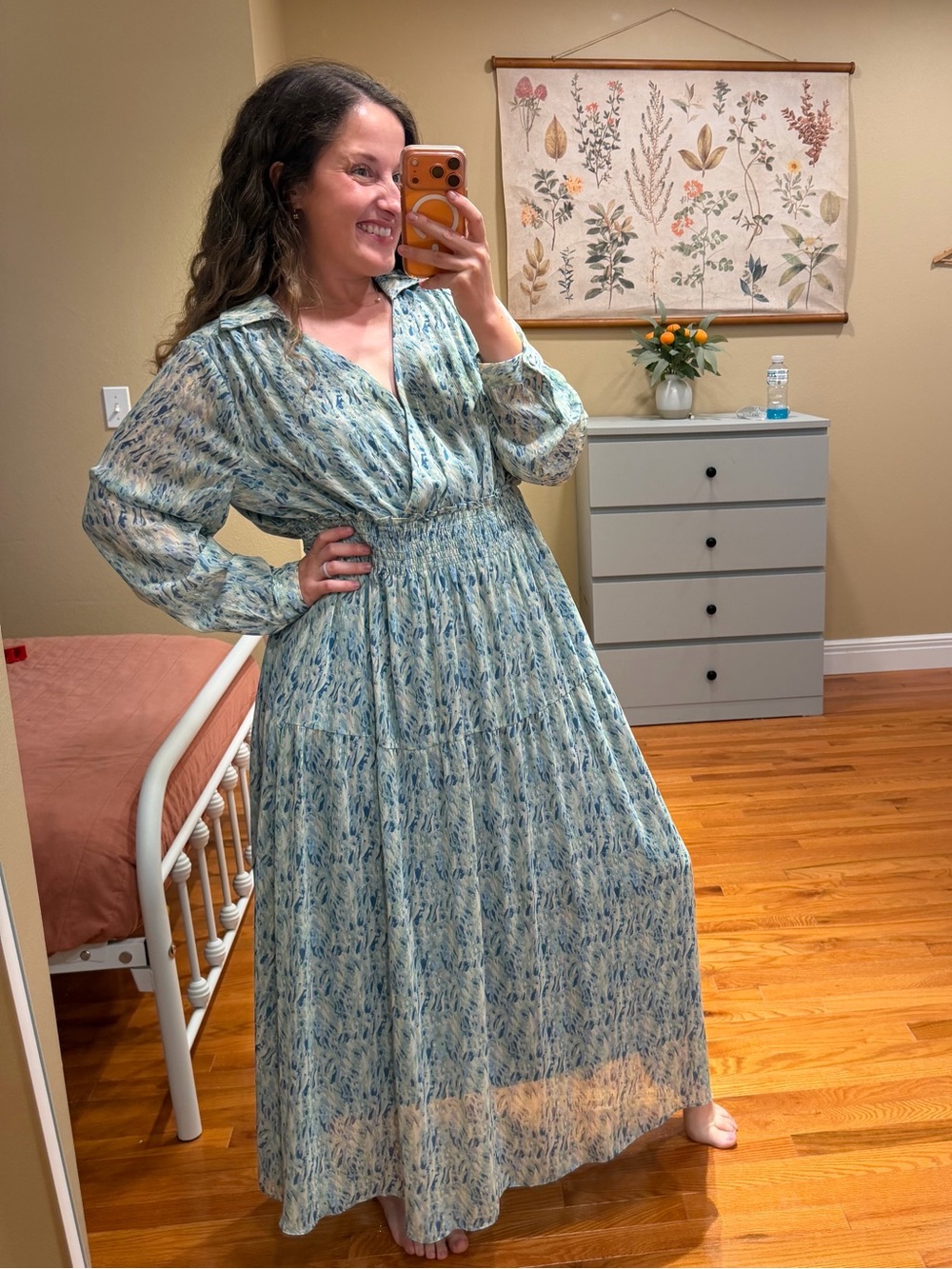 Taylor Maxi Shirred-Waist Floral Dress in Light Blue Maxi Large